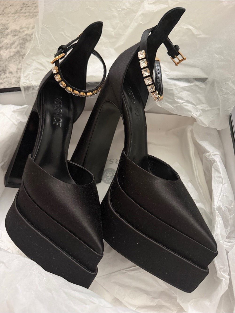 Versace Black Satin Platform Slingback Heels with Crystal-Strap Accents